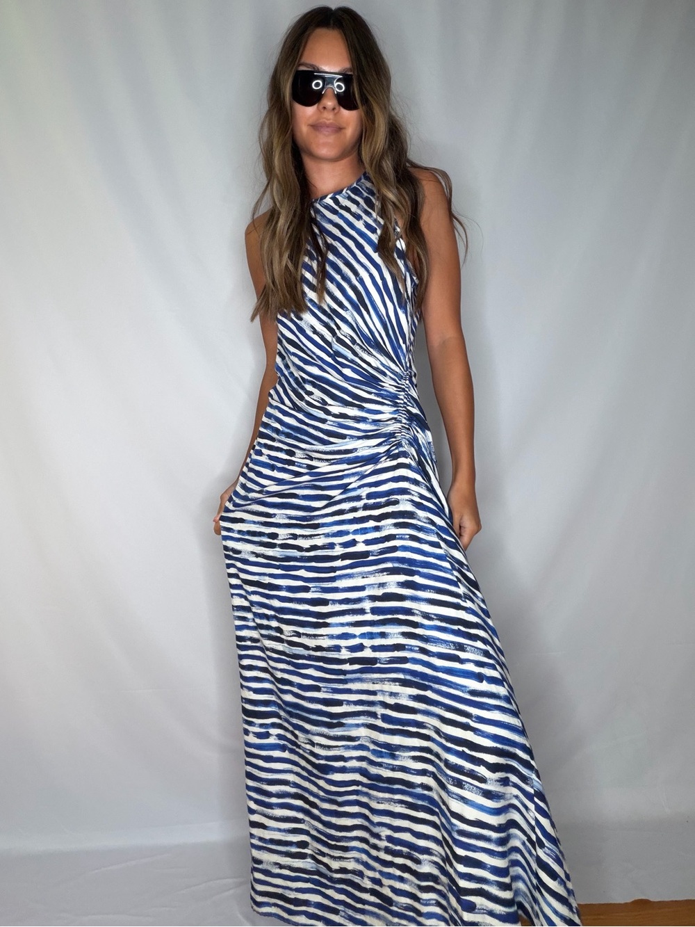 A.L.C. Blue and White One-Shoulder watercolor  Print Dress
